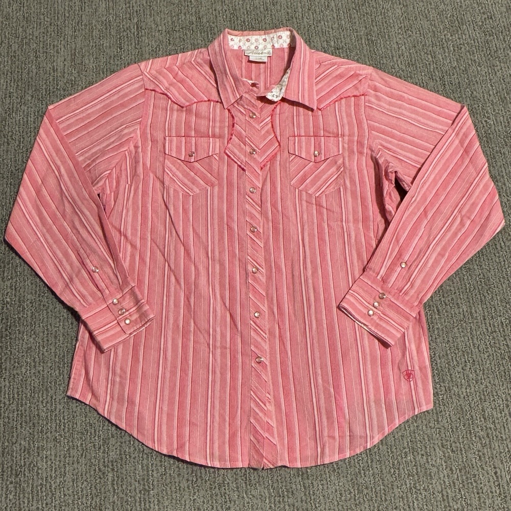 Ariat Womens L Pearl Snap Shirt Long Sleeve Pink Stripe Western Cotton Blend